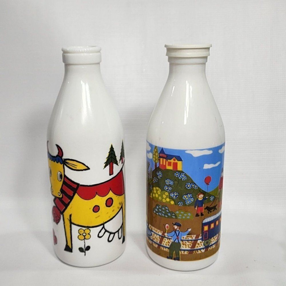 2 Vintage Egizia Glass Milk Bottle Dairy Vibrant Painting
